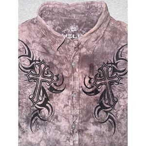 Helix Mens Shirt Brown Tie Dye Tribal Cross Graphic Size Large Y2K Grunge Street